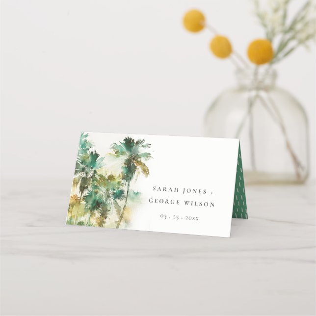 Dusky Green Tropical Watercolor Palmen Hochzeit Platzkarte (Vorderseite)