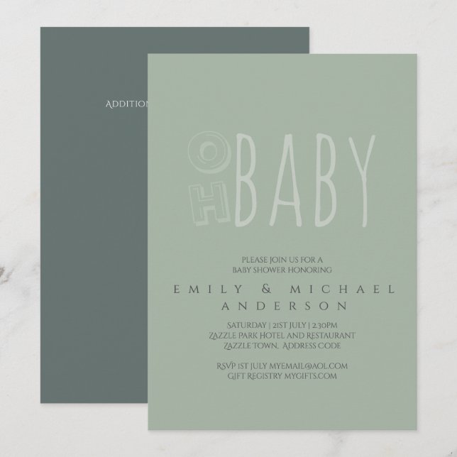 Dusky Green Typografie Moderne Babydusche Einladung (Vorne/Hinten)