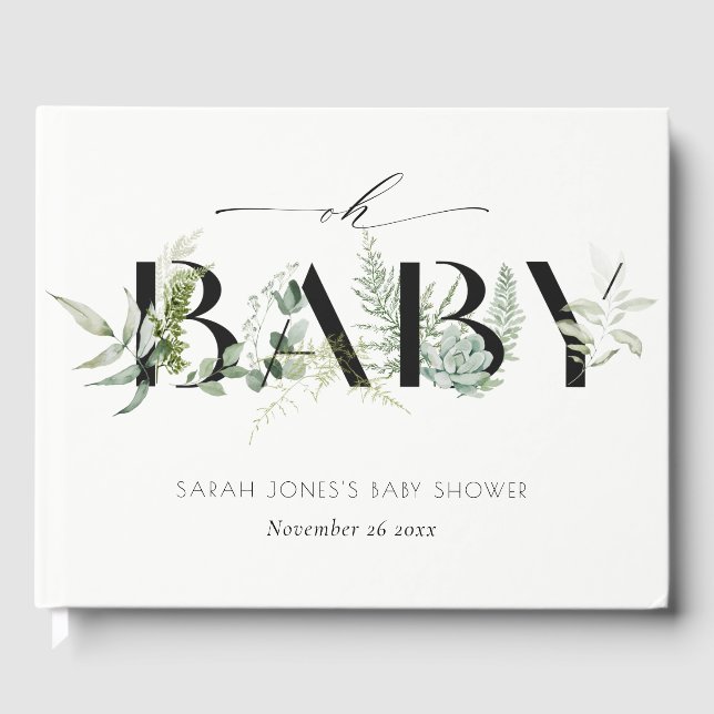 Dusky Leafy Fern Succulent Oh Script Baby Dusche Gästebuch (Vorderseite)