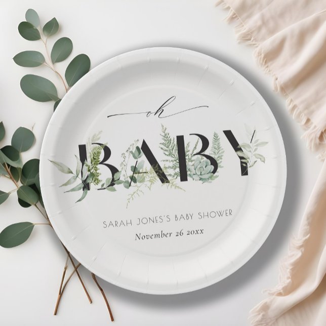 Dusky Leafy Fern Succulent Script Oh Baby Dusche Pappteller (Von Creator hochgeladen)