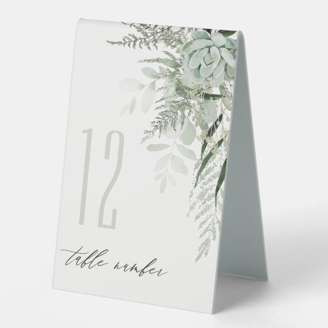 Dusky Leafy Fern Succulent Wedding Tischnummer Tischaufsteller (Vorderseite)