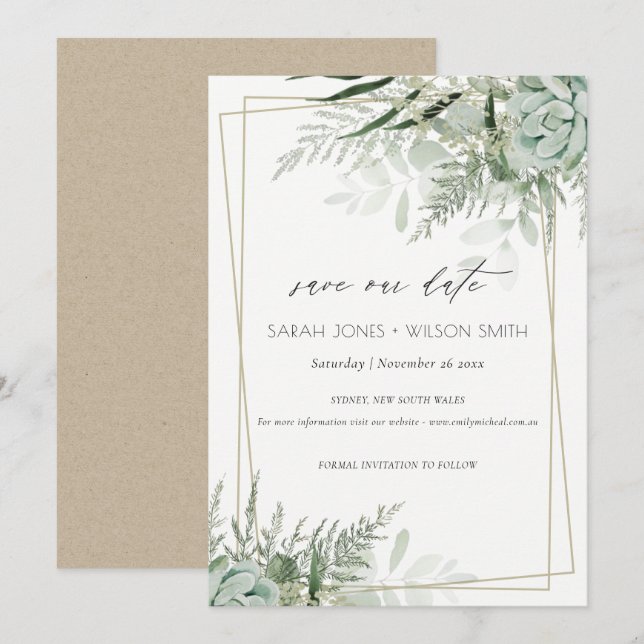 Dusky Leafy Fern Succulous Save the Date Card Dankeskarte (Vorne/Hinten)