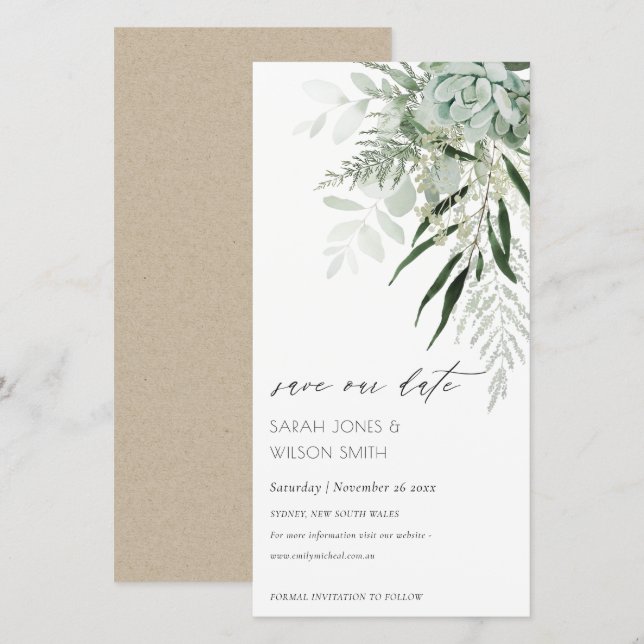 Dusky Leafy Fern Succulous Save the Date Card Dankeskarte (Vorne/Hinten)