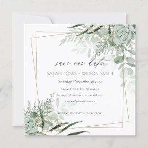 Dusky Leafy Fern Succulous Save the Date Card Dankeskarte