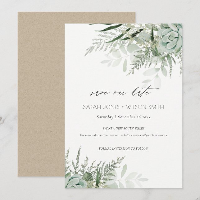 Dusky Leafy Fern Succulous Save the Date Card Dankeskarte (Vorne/Hinten)