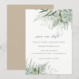 Dusky Leafy Fern Succulous Save the Date Card Dankeskarte