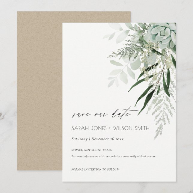 Dusky Leafy Fern Succulous Save the Date Card Dankeskarte (Vorne/Hinten)