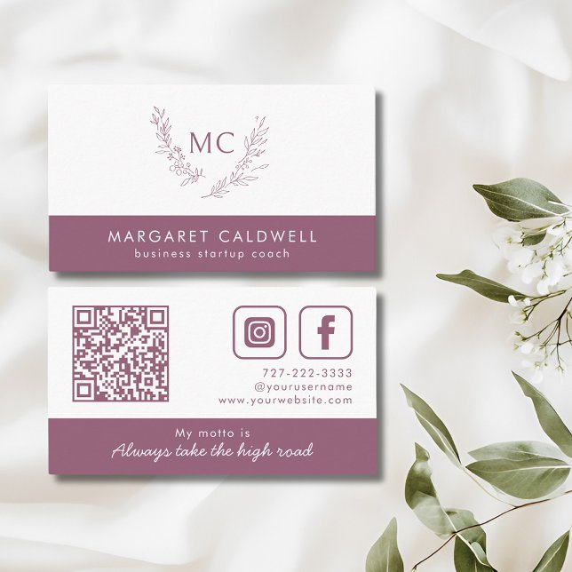 Dusky Lila Monogram Wreath Visitenkarte (Dusky Purple Monogram Wreath Social Media Business Card)