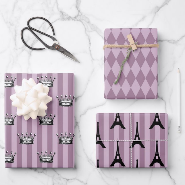 Dusky Lila und Black Paris thematisch Geschenkpapier Set (Vorderseite)