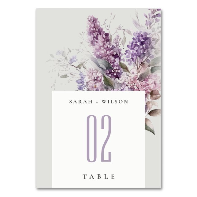 Dusky Lilac Hütte Floral Watercolor Wedding Tischnummer (Vorderseite)