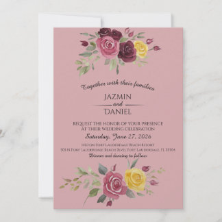 Dusky Pastel Watercolor Roses Maroon Invitation