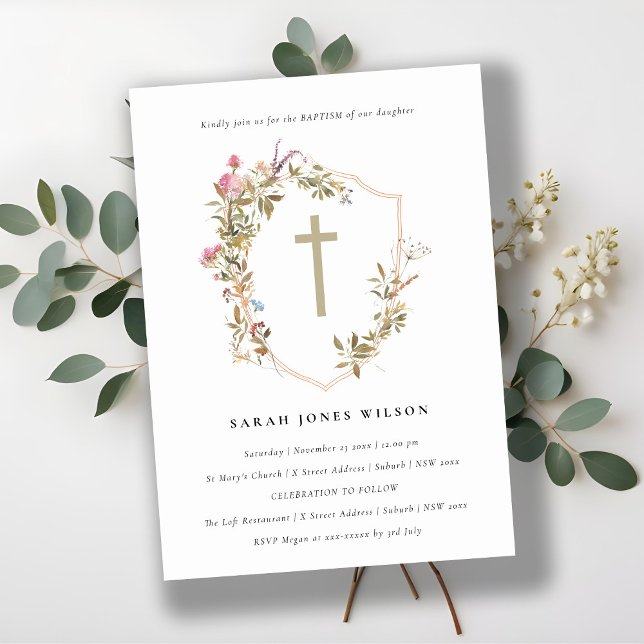 Dusky Pink Blush Wildblume Cross Wappen Taufe Einladung (Von Creator hochgeladen)