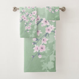 Dusky Pink Cherry Blossom Grüner Hintergrund Blüte Badhandtuch Set