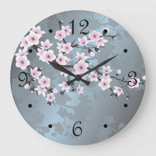 Dusky Pink Grayish Blue Cheroms Blüten Blüten Große Wanduhr