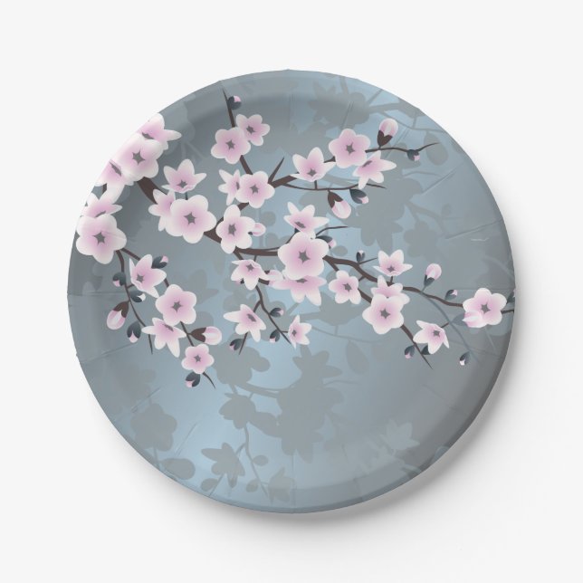 Dusky Pink Grayish Blue Cheroms Blüten Blüten Pappteller (Vorderseite)