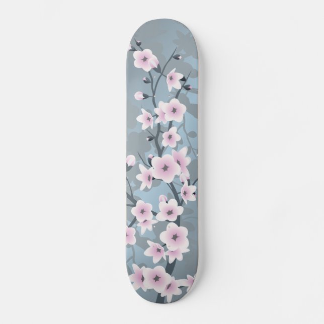 Dusky Pink Grayish Blue Cherry Blossom Floral Skateboard (Vorderseite)