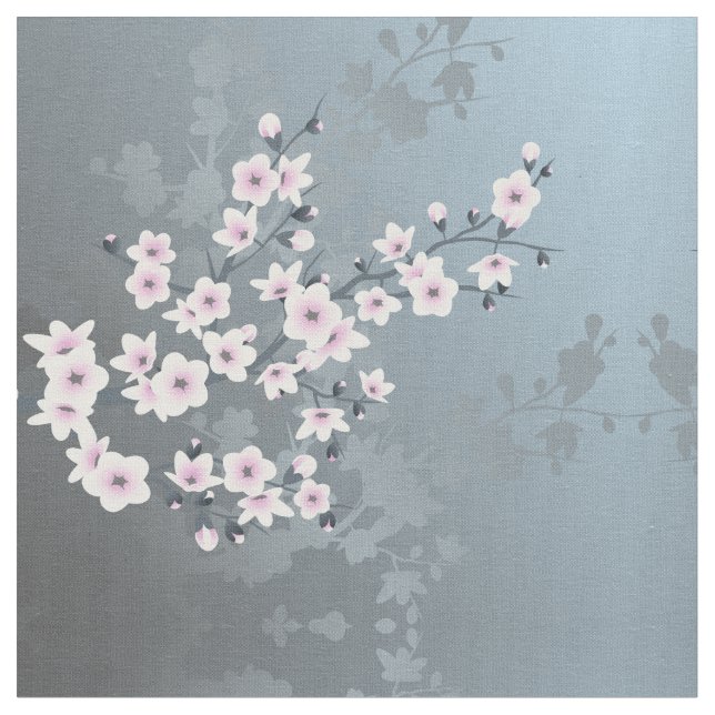 Dusky Pink Grayish Blue Cherry Blossom Muster Fab Stoff (Nahaufnahme)