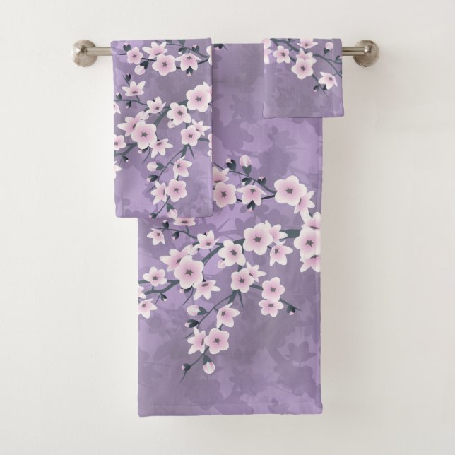Dusky Pink Lila Cherry Blossom Blümchen Badhandtuch Set (Insitu)