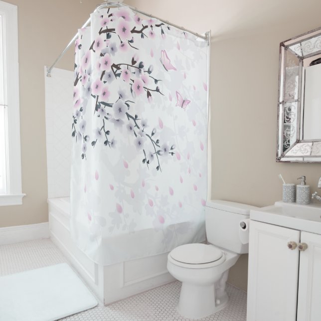 Dusky Pink Mauve White Cherry Blossom Duschvorhang (Beispiel)