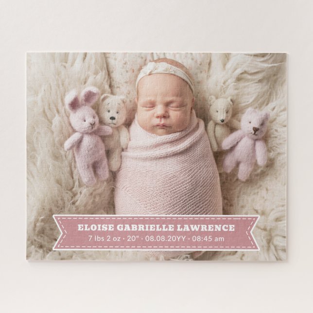 Dusky Pink Newborn Baby Girl Birth Stats Photo (Horizontal)