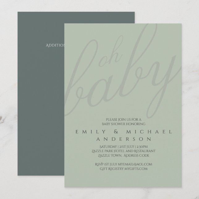 Dusky Sage Typografy Baby Shower Gender Reveal Einladung (Vorne/Hinten)