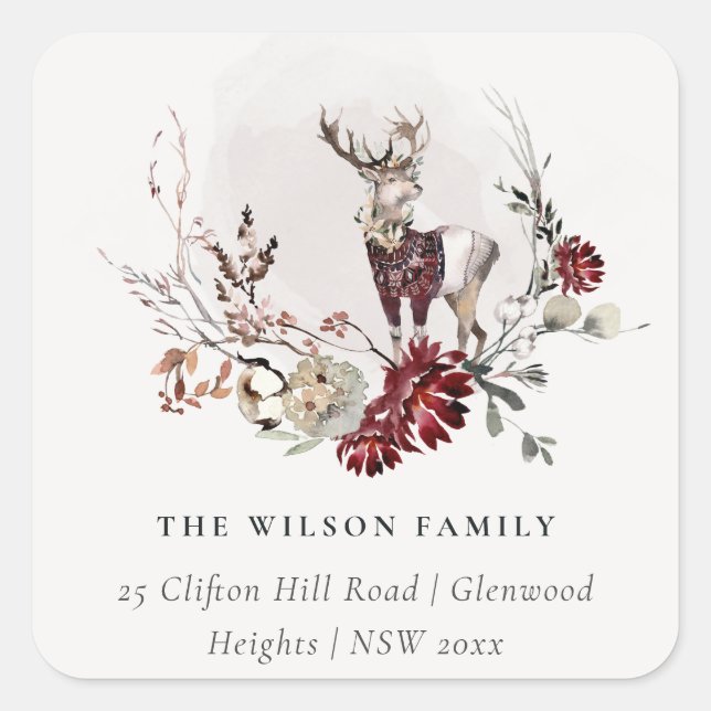 Dusky Stag Maroon Foliage Wreath Weihnachtsadresse Quadratischer Aufkleber (Vorderseite)