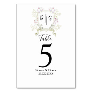 Dusky Wildblumen-Monogramm-Wappen-Hochzeit Tischnummer