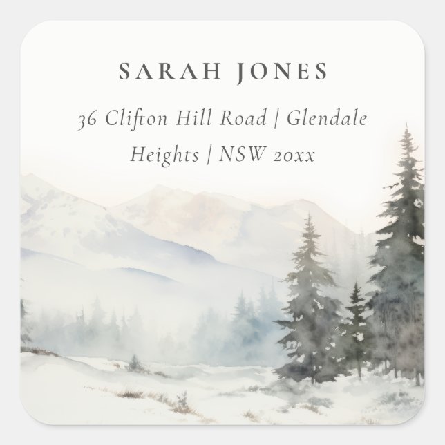Dusky Winter Snow Mountain Landschaft Adresse Quadratischer Aufkleber (Vorderseite)