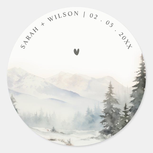 Dusky Winter Snow Mountain Landschaft Hochzeit Runder Aufkleber (Vorderseite)