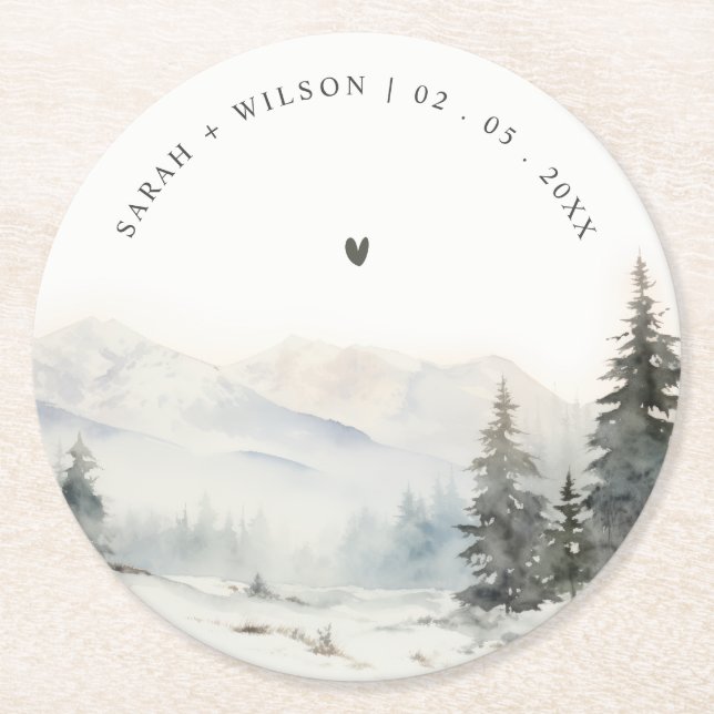 Dusky Winter Snow Mountain Landschaft Hochzeit Runder Pappuntersetzer (Vorderseite)