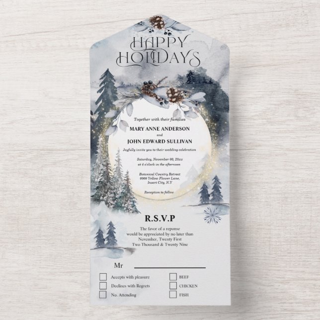 Duskyblauer Wald Aquarellbäume Weihnachten All In One Einladung (Innen Boden)
