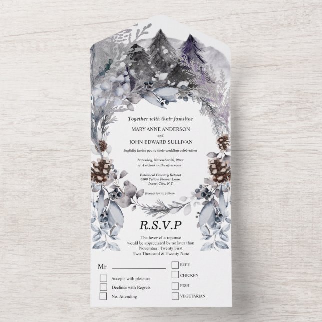 Duskyblauer Wald Aquarelle Hochzeit All In One Einladung (Innen Boden)