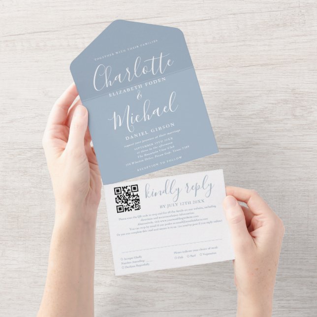 Dust Blue Elegant Modernes Script QR Code Hochzeit All In One Einladung (Abreißen)