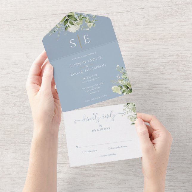 Dust Blue Elegant Monogram Greenerity Wedding All In One Einladung (Abreißen)