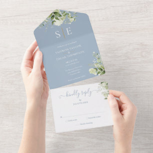 Dust Blue Elegant Monogram Greenerity Wedding All In One Einladung