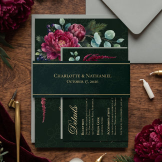 Düster-blumige, tiefgrüne, elegante Hochzeit Einladungsbanderole