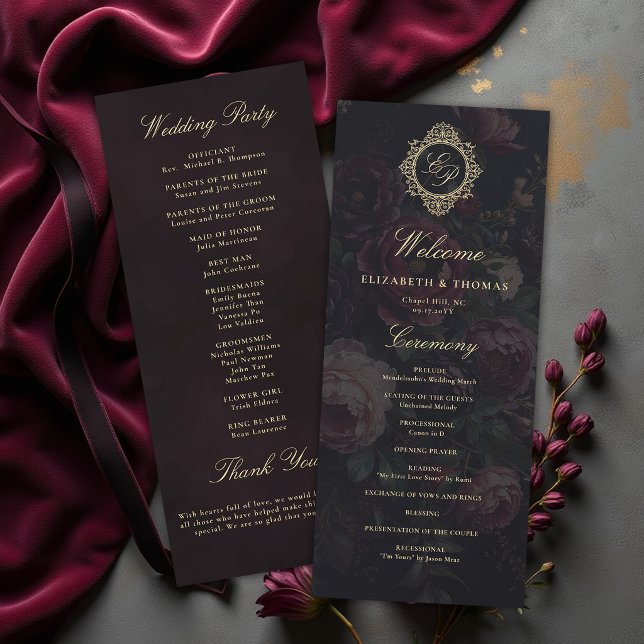 Düster dunkle viktorianische Crest-Pfingstrosen-Ho (dark moody wedding program victorian vintage gold crest monograms peony romantic gothic)