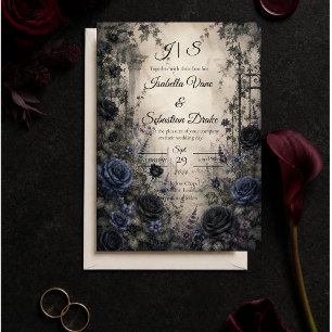 Düster-gotische Blaue Rosen-Hochzeit Einladung