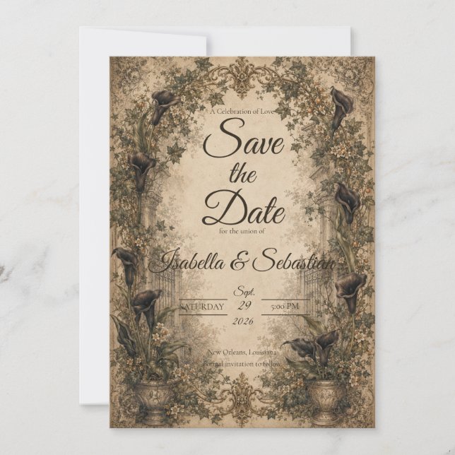 Düster-gotische botanische Hochzeit Save The Date (Vorderseite)