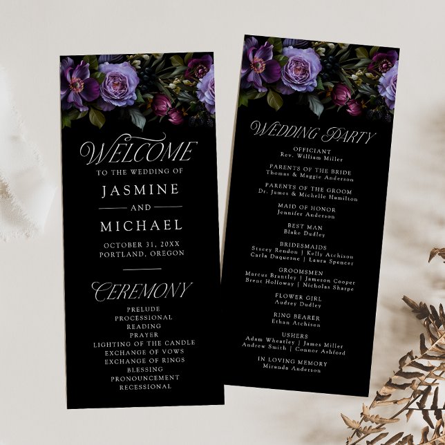 Düster-gotisches lila Blumen-Hochzeitsprogramm (Von Creator hochgeladen)