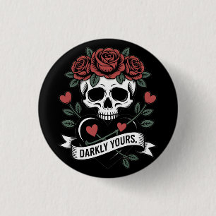 Düster Ihr Grafik: Gothic-Schädel mit roten Rosen Button