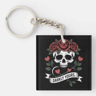 Düster Ihr Grafik: Gothic-Schädel mit roten Rosen Schlüsselanhänger