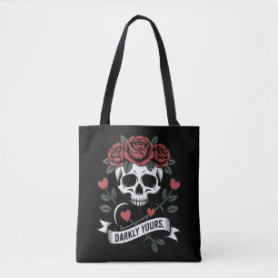 Düster-Ihr Grafik: Gothic-Schädel mit roten Rosen Tasche