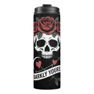 Düster Ihr Grafik: Gothic-Schädel mit roten Rosen Thermosbecher