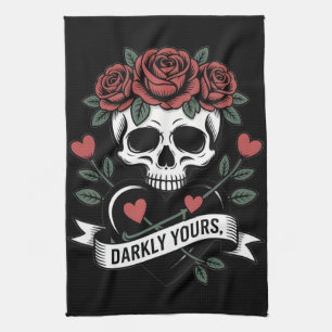 Düster-Ihr Grafik: Gothic-Totenkopf mit roten Rose Geschirrtuch