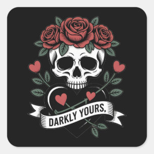 Düster-Ihr Grafik: Gothic-Totenkopf mit roten Rose Quadratischer Aufkleber