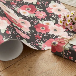 Düster-schwarze und rosa Anemonen-Blumenmuster Geschenkpapier
