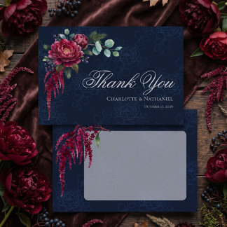Düstere Florale Tiefe Blaue Elegante Hochzeit Dankeskarte