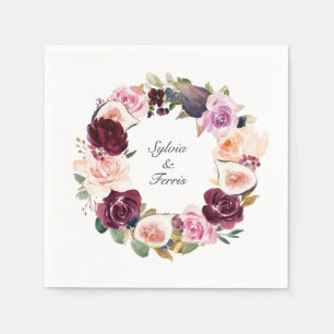 Düstere lila Florale und Feigen-Kranz-Namen Hochze Serviette