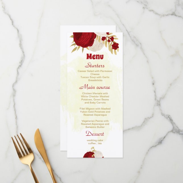 düstere Rot-Weiß-Blume botanische Hochzeit Menükarte (Vorderseite/Rückseite Beispiel)